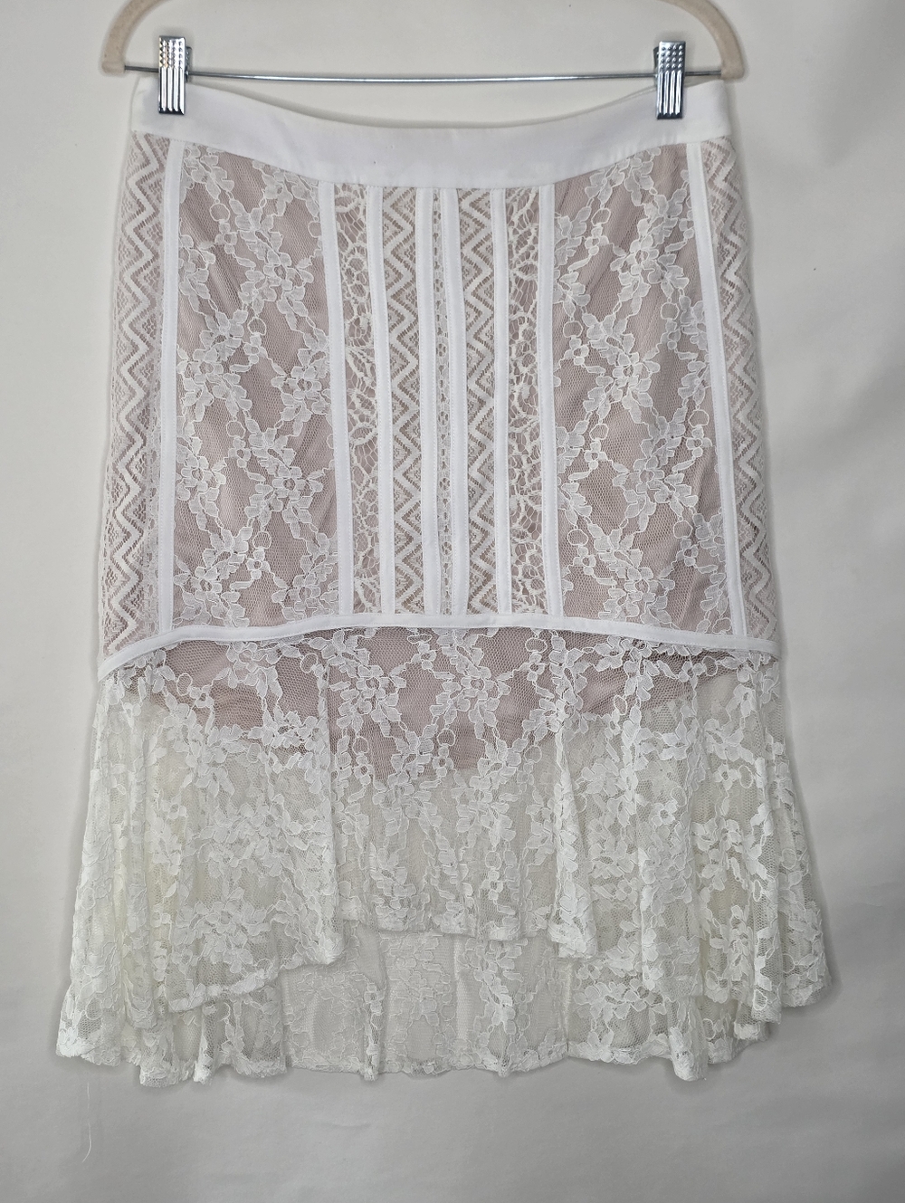 Asymmetrical Lace Corset Style Midi Skirt Size L White Semi-Sheer HOCO Romantic
